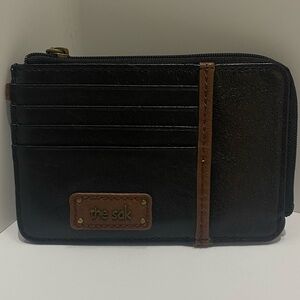 The Sak Black Card Holder Wallet Zip Around Slim Organizer ID Window PU Leather